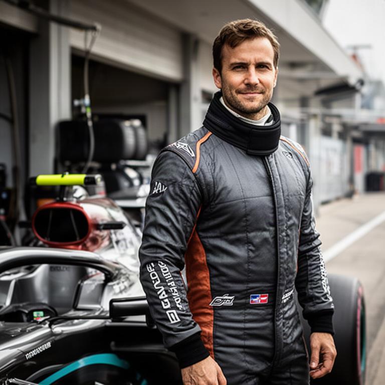 Rijder in brandwerende racekleding naast een raceauto in een pitstraat, met zichtbare kraag en polssluiting