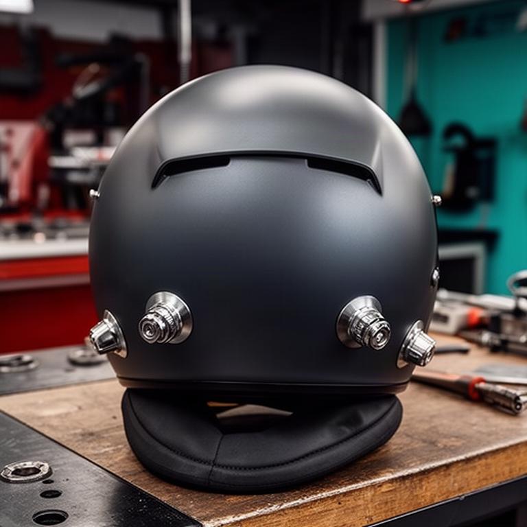 Generieke racehelm op een werkbank in een pitbox met twee zichtbare FHR-ankers aan de zijkant