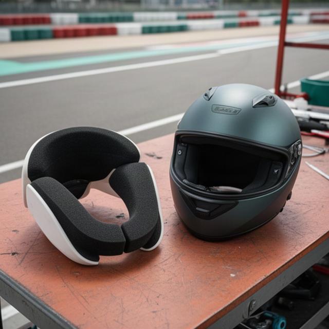 Traditionele schuimnekband naast een kartinghelm op een werkbank bij een kartcircuit